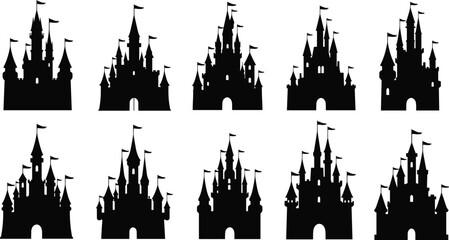 Naklejka premium Collection of majestic fairytale castle silhouettes featuring towers and flags, perfect for representing fantasy, magic, royalty, dreams, and iconic landmarks.