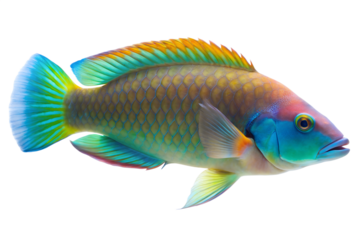Vibrant, colorful wrasse fish with iridescent blue, green, and orange scales, isolated on transparent background