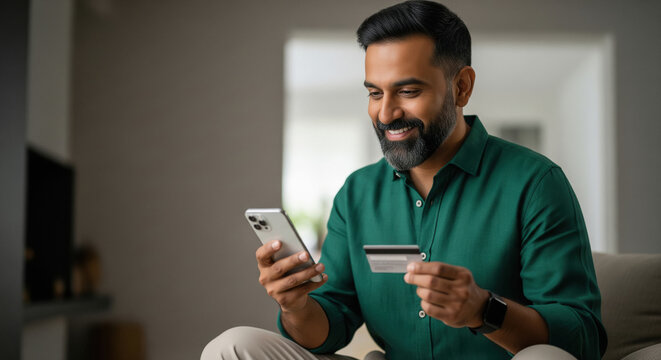 A mid-aged Indian man in a green shirt is making an online payment, holding his smartphone and a credit card while sitting at home.