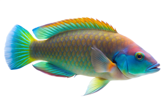 Vibrant, colorful wrasse fish with iridescent blue, green, and orange scales, isolated on transparent background