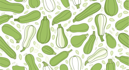 Seamless food pattern with fresh green zucchini and summer squash vegetables scattered randomly on a clean white background.