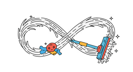 Creative line art concept of endless cleaning with a mop and sponge creating an infinity symbol from a splash of water.