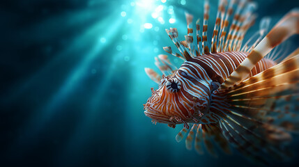 Underwater portrait of lionfish with elegant fins, controlled lighting, dramatic stripes and spines, exotic reef character, with copy space