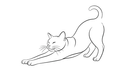 Elegant and simple black and white line art illustration of a graceful cat in a full body stretching pose with its eyes closed.