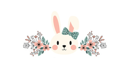 Adorable baby rabbit face with a cute polka dot bow framed by beautiful pink and green floral bouquets for a spring design.
