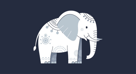 Stylized white elephant with decorative folk art patterns in grey and blue tones set against a solid dark navy background.