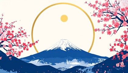Obraz premium 富士山の風景画、和柄、和風イメージの背景素材