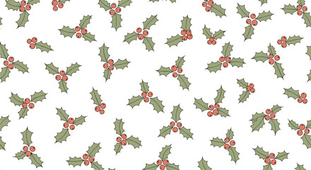 Festive seamless Christmas pattern of traditional green holly leaves and red berries scattered on a simple white background.