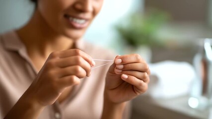 Hands flossing teeth with dental floss face obscured oral hygiene dental care routine preventive dentistry gum health tooth cleaning daily dental maintenance bathroom