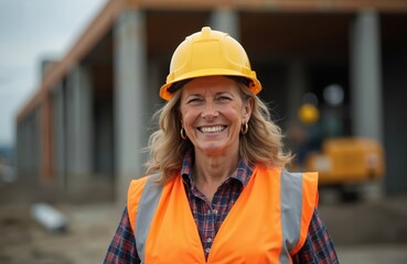 Middle aged woman smiles wearing protective workwear. Female worker in helmet, safety vest looks at camera. Construction site engineer inspecting building, architect plans future building. Profession