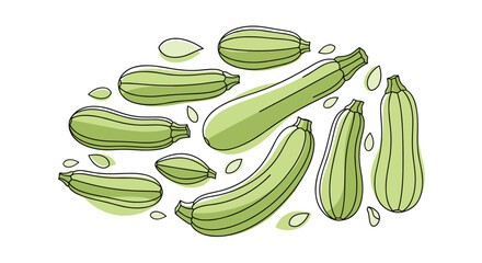 A fresh collection of green zucchini and summer squash in a simple outline style with delicate green watercolor accents.