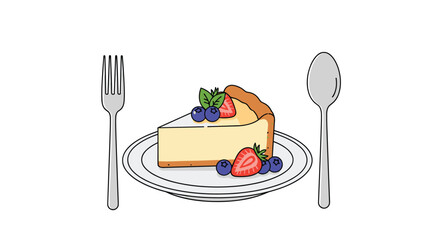 A delicious slice of creamy cheesecake topped with fresh mint blueberries and a strawberry on a plate with fork and spoon.