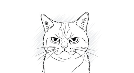 A simple black and white line art portrait of a very grumpy and angry cat with a furrowed brow looking directly at the viewer.