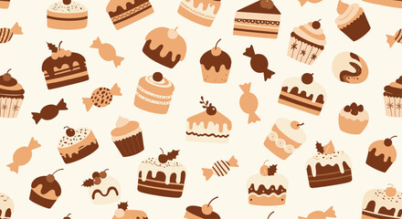 Seamless pattern of delicious cakes cupcakes and candies in a warm brown and beige color palette for a sweet background design.