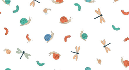 A cute and playful seamless pattern for children with colorful cartoon snails caterpillars and dragonflies on a white background.