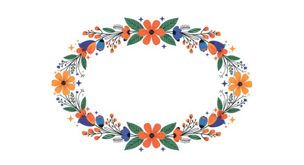 A beautiful oval floral wreath frame with colorful orange and blue flowers green leaves and sparkling accents on a background.