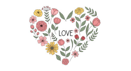 A beautiful heart shape made of delicate hand-drawn flowers and leaves with the word love in the center for a romantic design.