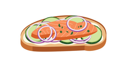 Delicious open-faced sandwich or toast with cream cheese sliced cucumber fresh salmon and red onion rings on a background.