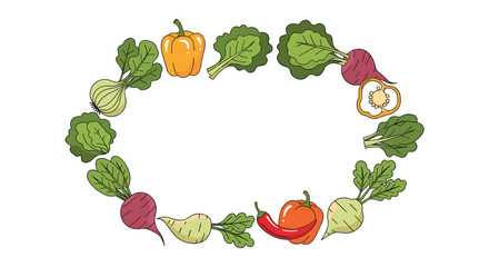 An oval frame made from a variety of fresh and healthy hand-drawn vegetables with empty copy space for text in the middle.