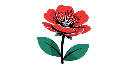 A beautiful stylized single red flower with a detailed black center and green leaves in a simple folk art vector illustration.