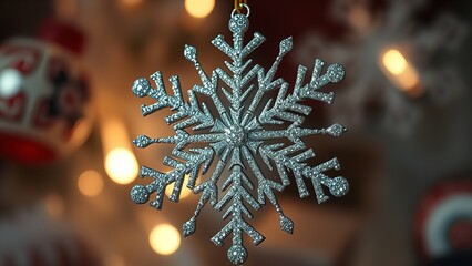 Mysterious winter portrait of a person behind a sparkling crystal snowflake ornament, softly lit with warm bokeh lights and wrapped in a cozy knit sweater, creating a dreamy and atmospheric cold-seaso