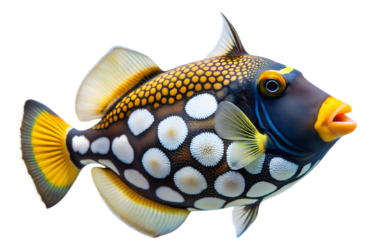 Vibrant clown triggerfish with striking yellow, black, and white spotted pattern, isolated on transparent background, showcasing tropical marine life beauty