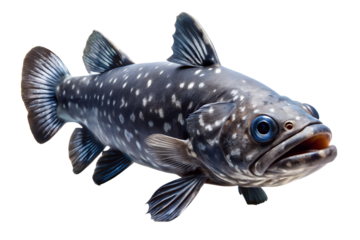 Deep sea coelacanth fish isolated on transparent background, a rare prehistoric lobefinned fish with blueishgray spotted skin and large blue eye