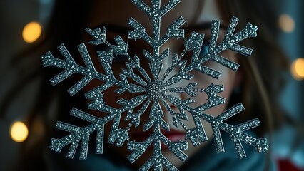 Mysterious winter portrait of a person behind a sparkling crystal snowflake ornament, softly lit with warm bokeh lights and wrapped in a cozy knit sweater, creating a dreamy and atmospheric cold-seaso