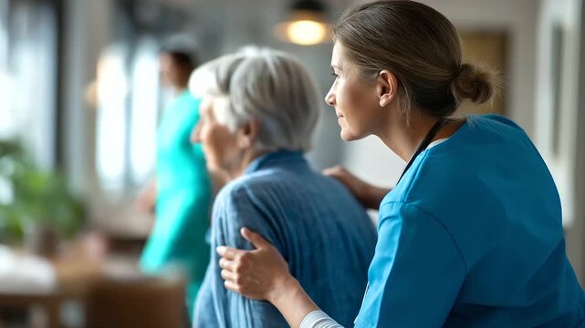 Healthcare worker in scrubs supporting elderly patient from behind faces not shown assisted walking senior mobility help in home nursing care eldercare support geriatric assi