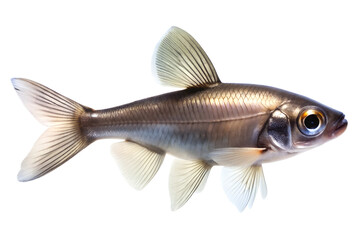 Obraz premium Small, slender silver fish with translucent fin detail, likely a minnow or small cyprinid, isolated on transparent background