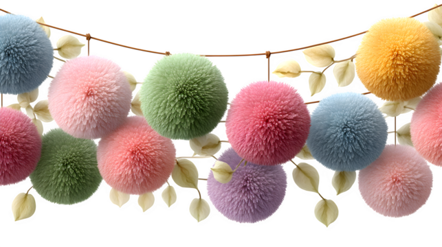 Festive Pom-Pom Garland isolated on transparent background