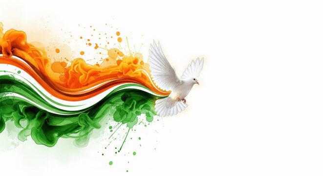 A vibrant abstract splash of saffron, white, and green with a flying dove