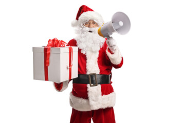 Santa claus holding a present announcing news with a megaphone