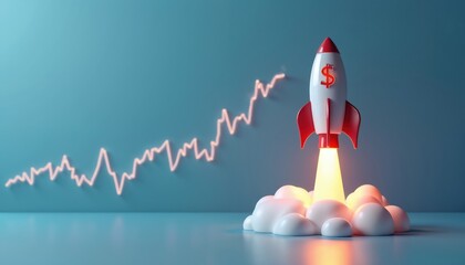 Rocket takes off with dollar sign on blue background. Financial chart displays stock market increase. Investment grows fast. Success and rise. Business goals and wealth concept. Startup idea.