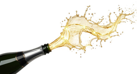 Champagne bottle popping open with a celebratory golden liquid splash against a white background.