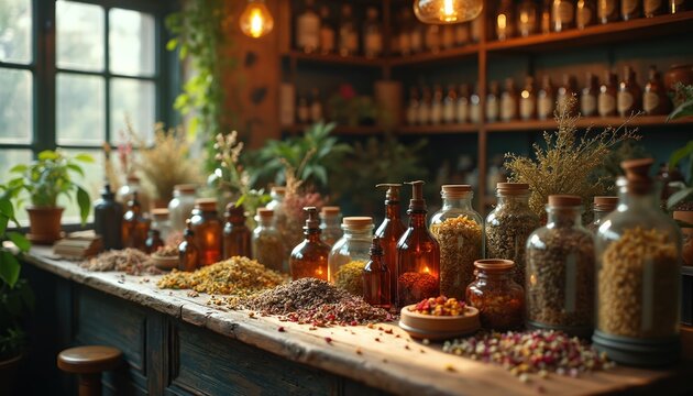 Interior of apothecary shop with shelves stocked with bottled tinctures and jars of dried herbs. Various botanical ingredients and medicinal plants are displayed on wooden counter.