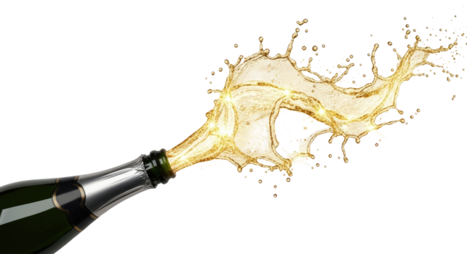Champagne bottle popping open with a celebratory golden liquid splash against a white background.