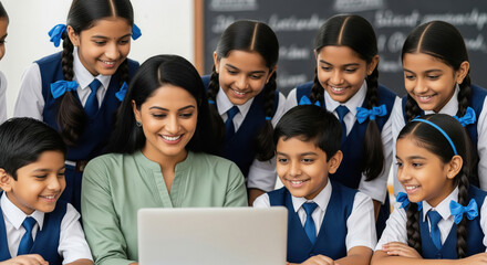 A cheerful Indian teacher and enthusiastic students in school uniforms are gathered around a laptop, engaged in a lively classroom