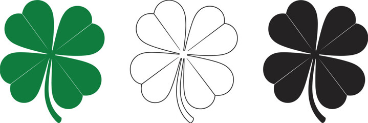 Three Clover Leaf Icons Green Outline Black Silhouette on White Background shamrock symbol