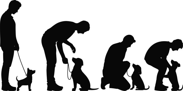 Silhouettes of man training dog showing progression from standing to kneeling dog training