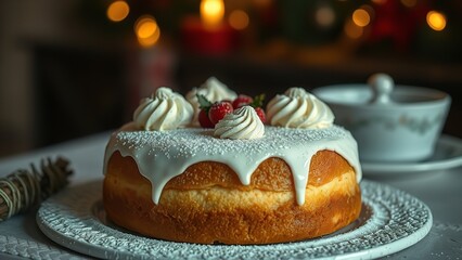 A beautifully decorated festive cake topped with whipped cream, fresh berries, and powdered sugar, displayed on an elegant plate with warm holiday lights in the background