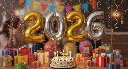 Celebrate 2026 with festive balloons, gifts, and cake for a special birthday party or anniversary celebration filled with joy and cheerful memories