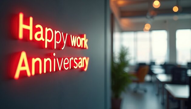 Red neon sign reads Happy work Anniversary in a modern office space. The blurred background shows desks, chairs, and large windows, creating a bright and inviting atmosphere. - Powered by Adobe