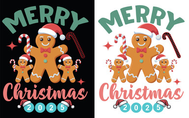 Merry christmas gingerbread family illustration with candy canes and santa hats