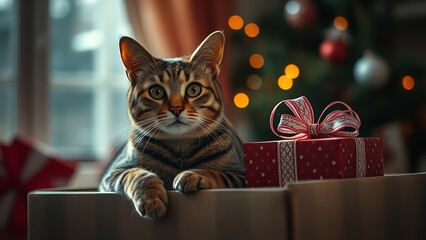 A festive Christmas scene featuring a cute tabby cat sitting beside a beautifully wrapped gift box with soft holiday lights glowing warmly in the background