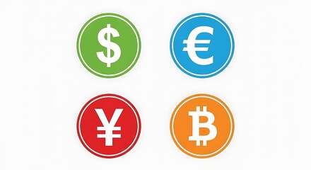 Obraz premium Currency Symbols - Dollar, Euro, Yen, and Bitcoin Icons.