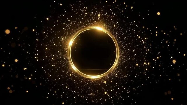 Luxury glowing golden ring with sparkling particles on black background