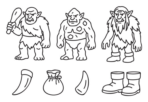 Set of cartoon fantasy monster characters, including trolls and ogres with accessories like a club and boots, illustrated in a simple black and white line art style