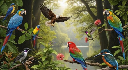 Fototapeta premium Exotic avian assemblage: A vibrant tapestry of birds in lush paradise setting