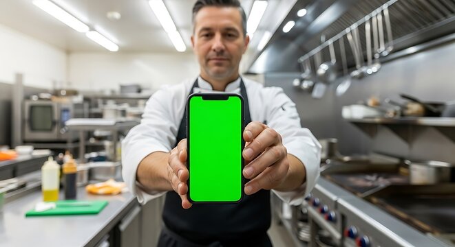 Confident cook in uniform shows a smartphone with a blank green screen, ideal for a food app or online menu mockup in a commercial kitchen